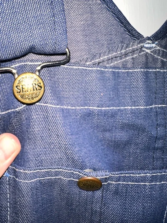 Vintage Sears Bib Denim Overalls Scovill Zipper Fly White Stitching Carpenter - Picture 2 of 8